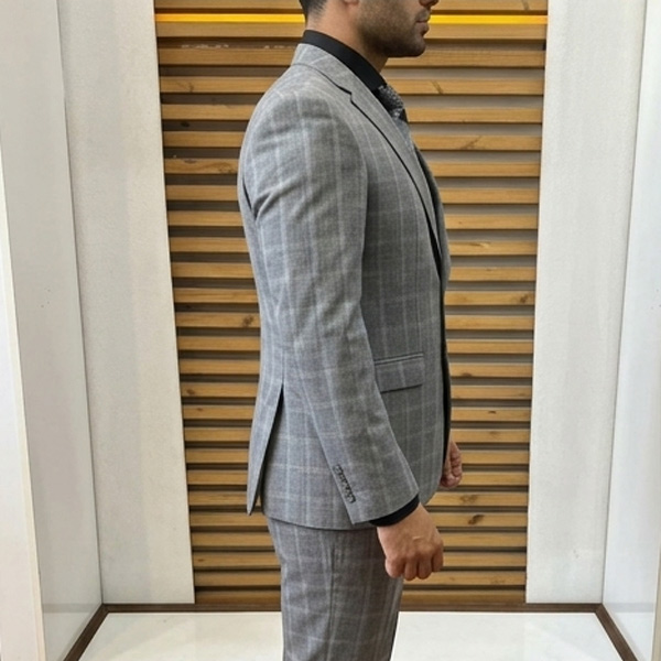 کت و شلوار  چهار خونه طوسی روشن