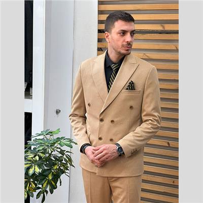 کت شلوار دبل برست کرمی