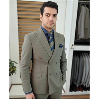 کت و شلوار دبل برست مردانه استایل ایتالیایی سبز زیتونی اسلیم فیت